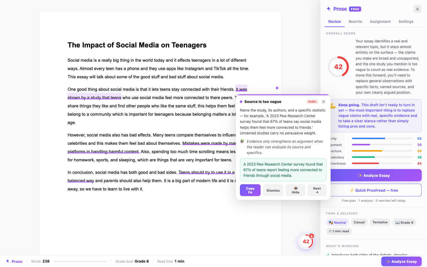 Prose marking up an essay inside Google Docs with underlines, a fix card, and a score panel